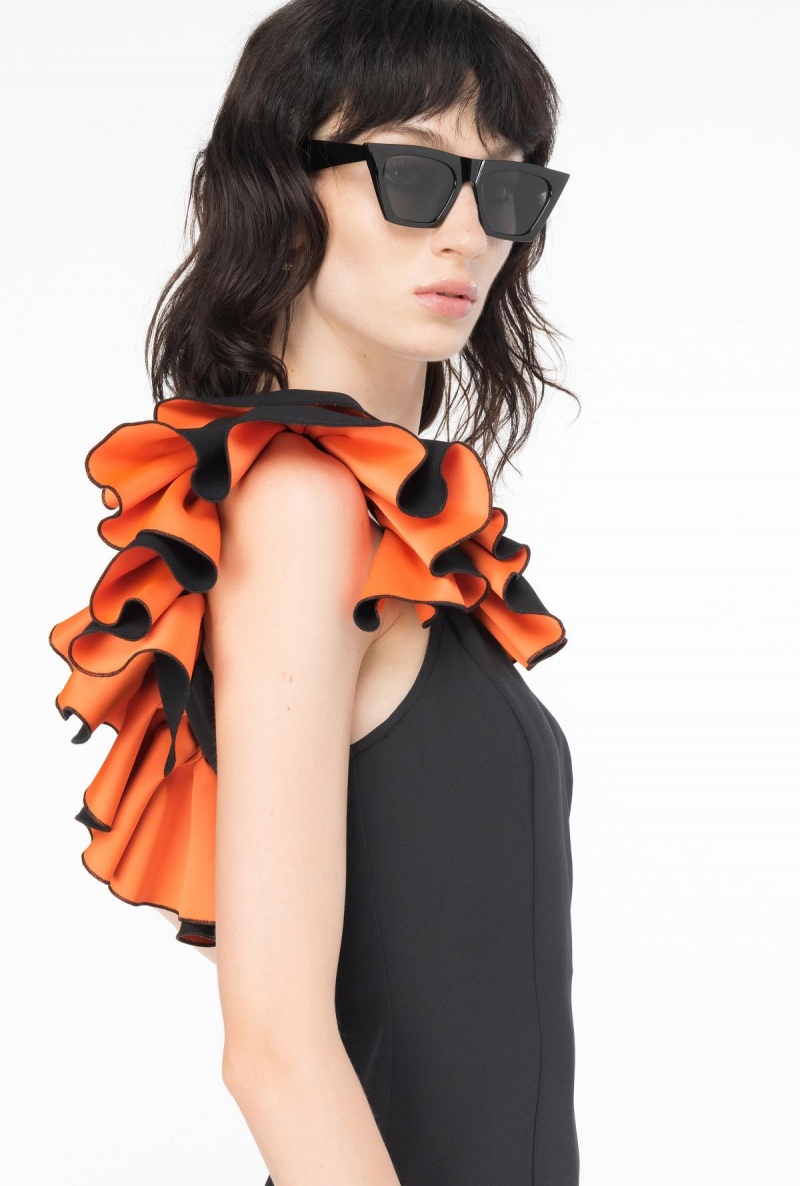 BLACK/ORANGE Pinko One-shoulder calf-length dress with ruching | MYJKU60653