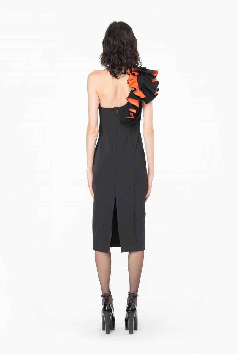 BLACK/ORANGE Pinko One-shoulder calf-length dress with ruching | MYJKU60653