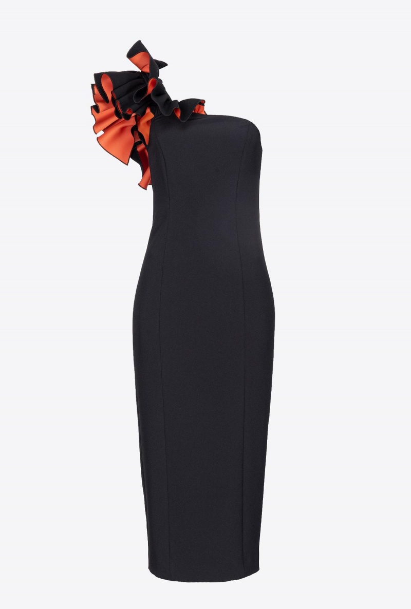 BLACK/ORANGE Pinko One-shoulder calf-length dress with ruching | MYJKU60653