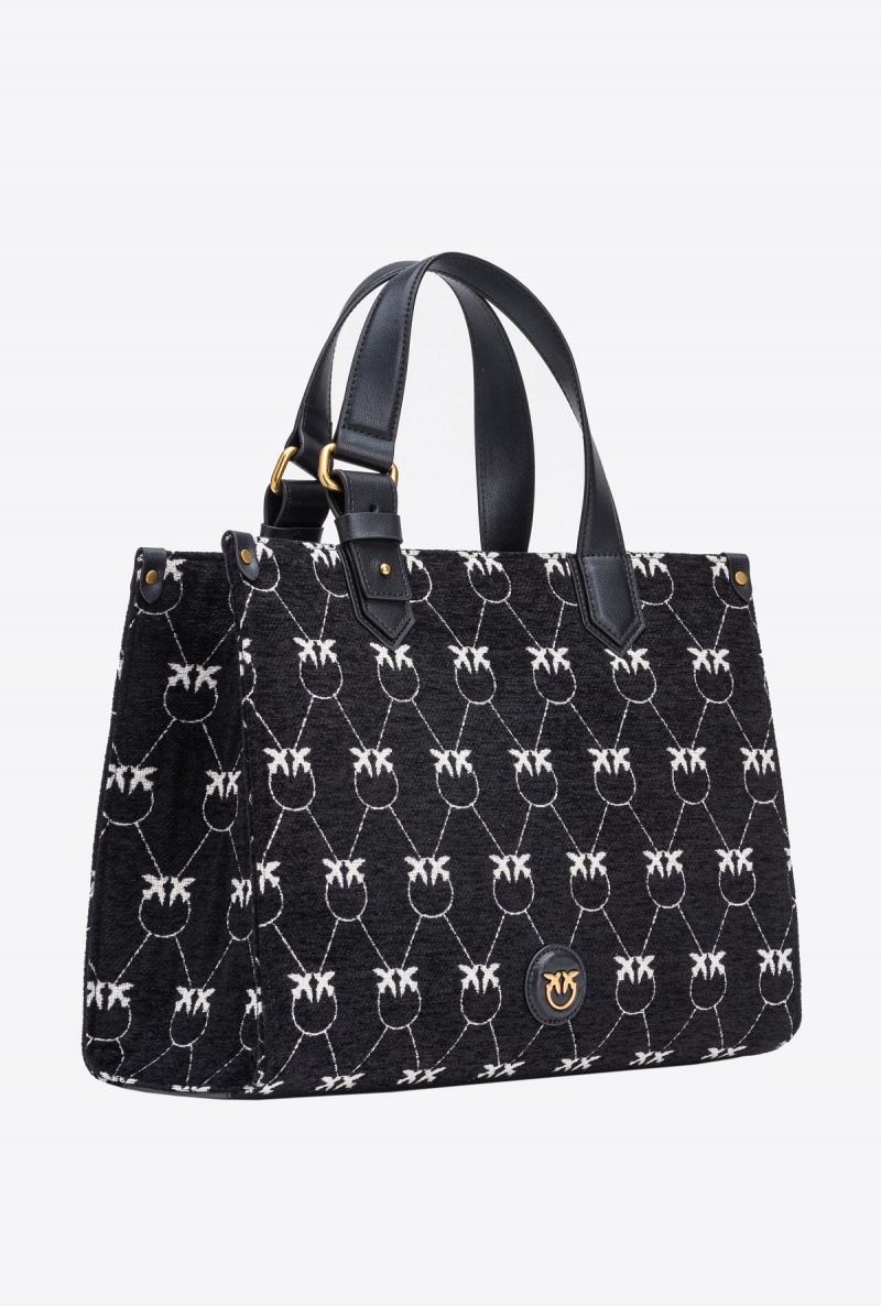 BLACK/WHITE-ANTIQUE GOLD Pinko Monogram jacquard Shopper Box bag | QMYWA81942