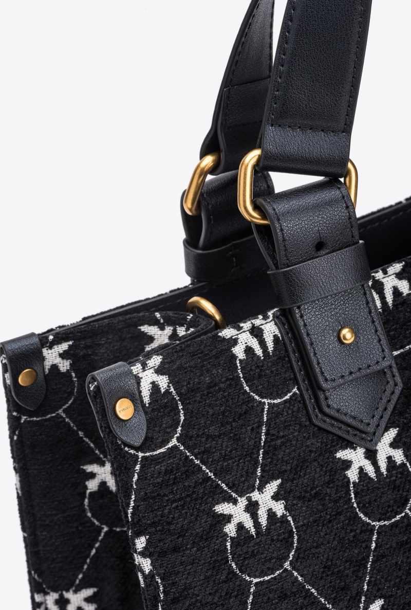 BLACK/WHITE-ANTIQUE GOLD Pinko Monogram jacquard Shopper Box bag | QMYWA81942