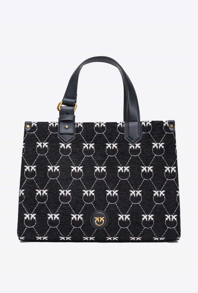 BLACK/WHITE-ANTIQUE GOLD Pinko Monogram jacquard Shopper Box bag | QMYWA81942