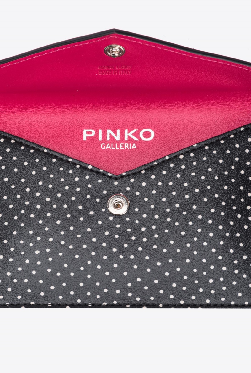 BLACK/WHITE-OLD SILVER Pinko Galleria flat card holder in polka dot-printed leather | MYZPD72296