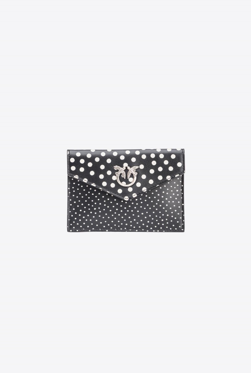 BLACK/WHITE-OLD SILVER Pinko Galleria flat card holder in polka dot-printed leather | MYZPD72296
