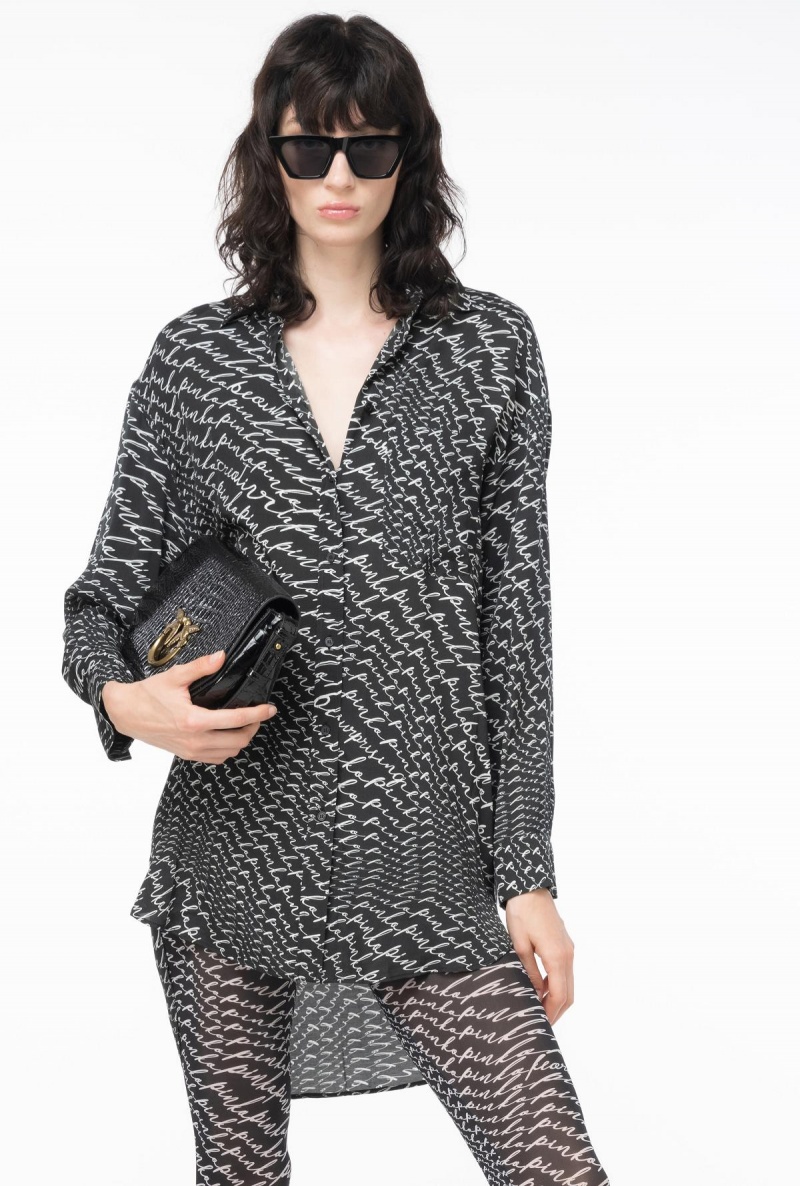 BLACK/WHITE Pinko Long shirt with fluid logo print | MYZDE46200