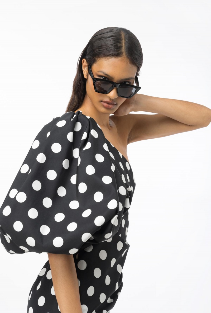 BLACK/WHITE Pinko One-shoulder polka-dot mini dress | GMYEC98187