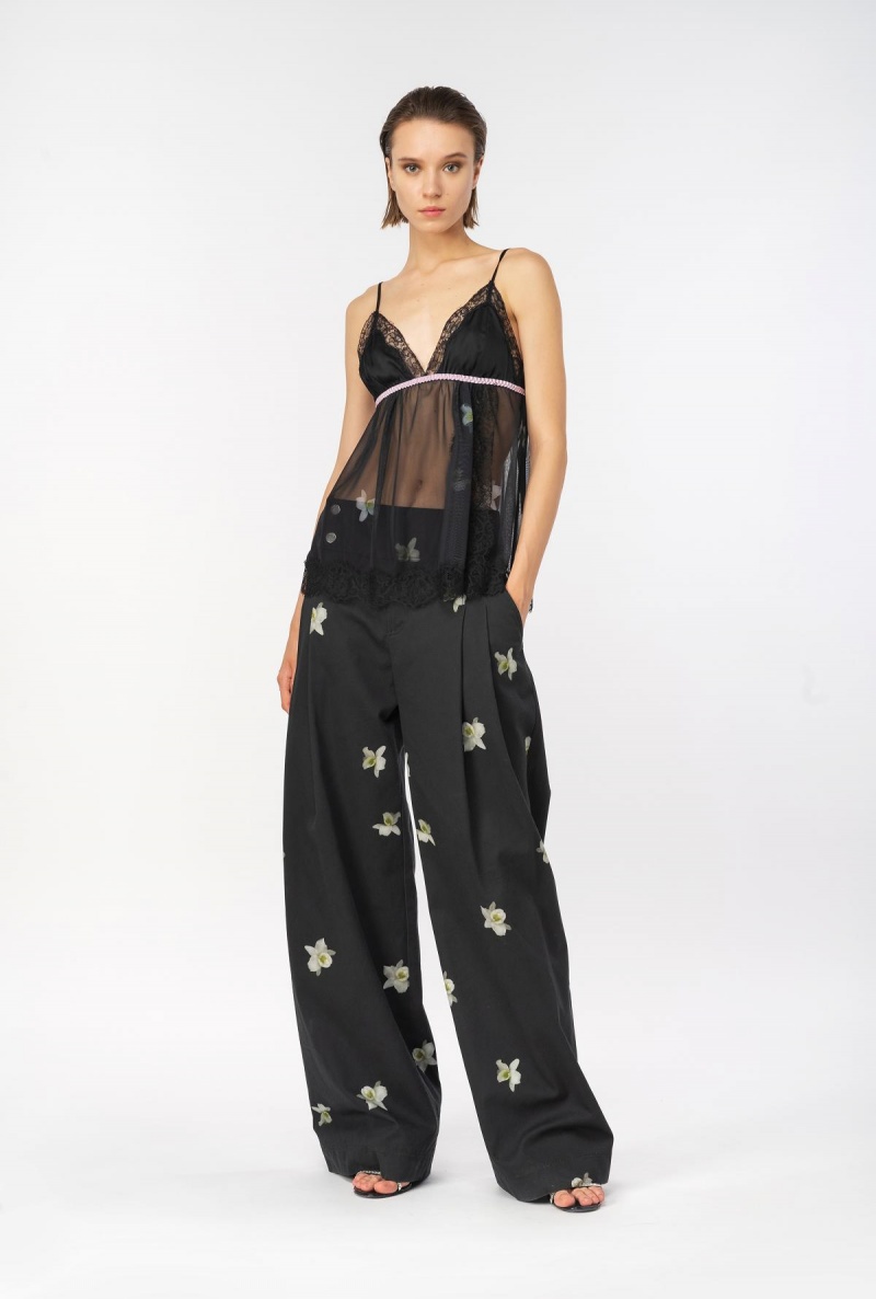 BLACK/WHITE Pinko Reimagine orchid-print wide-leg trousers by Patrick McDowell | LMYTR14076