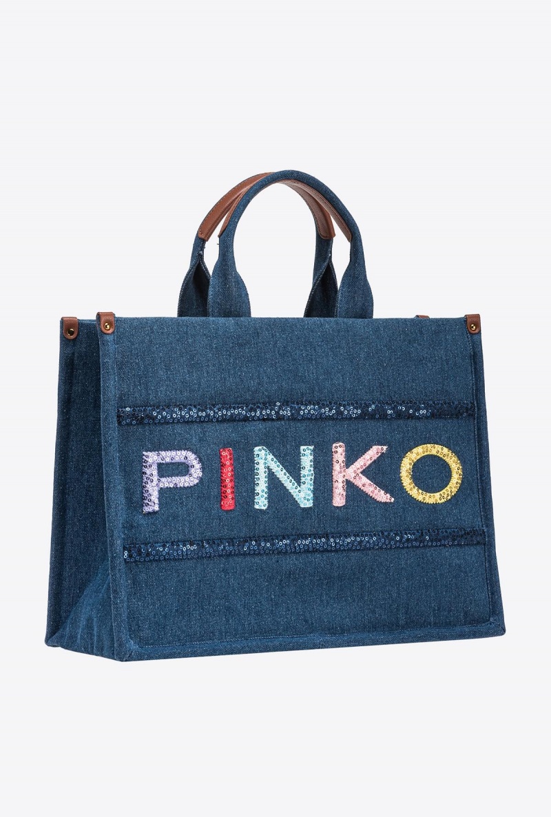 BLUE DENIM-ANTIQUE GOLD Pinko Denim shopper bag with sequinned logo | FMYUI88060