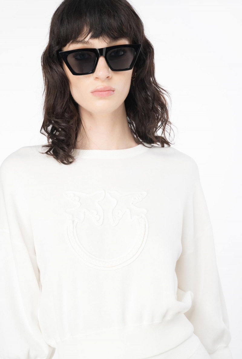 BRIGHT WHITE Pinko Cropped Love Birds sweatshirt | YMYVQ30751