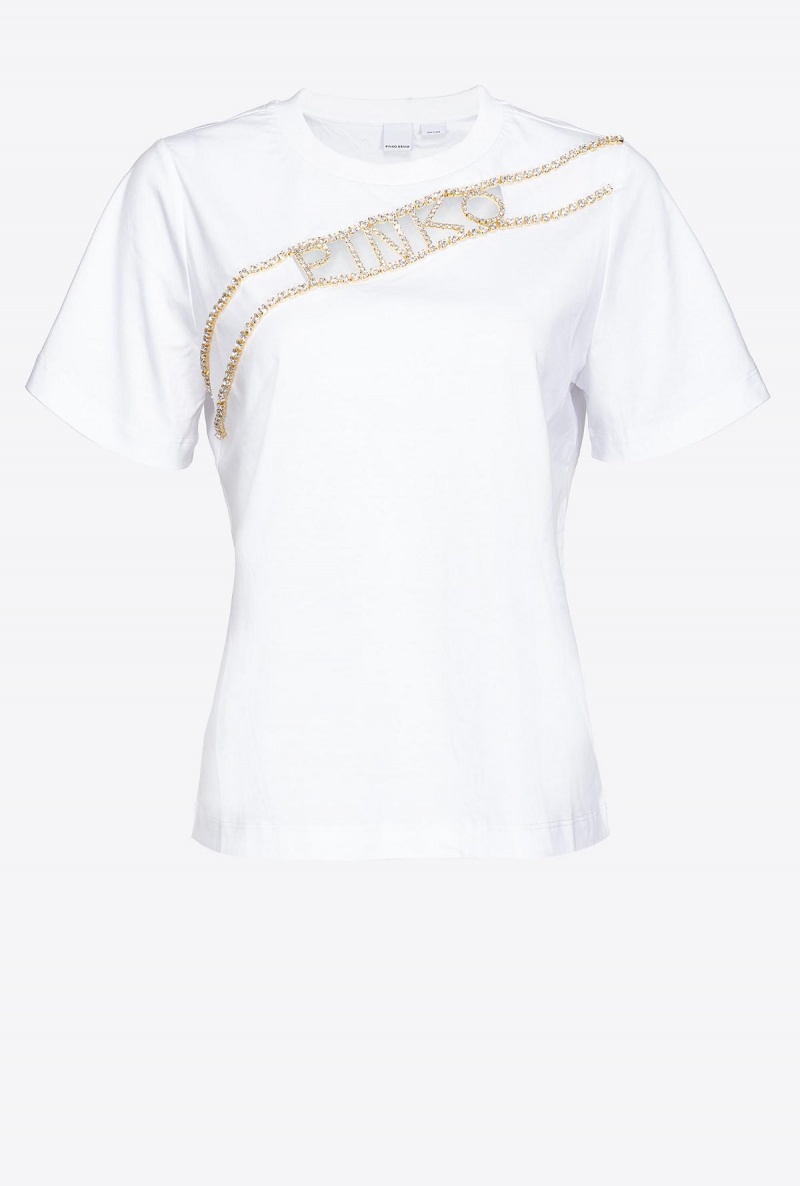 BRIGHT WHITE Pinko Rhinestone logo T-shirt | MYZPD65552