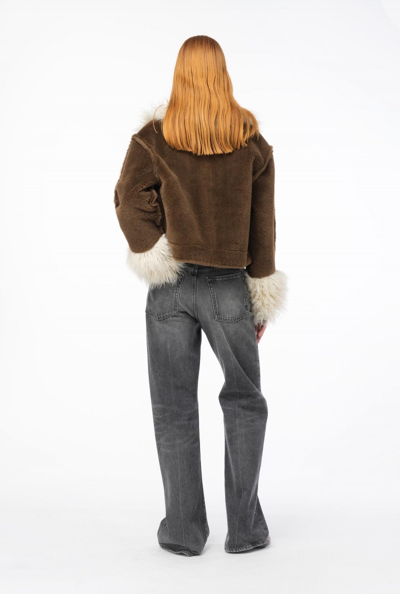 BROWN/BLACK/ECRU' Pinko Short sheepskin-effect pea coat with patch | QMYUV84424