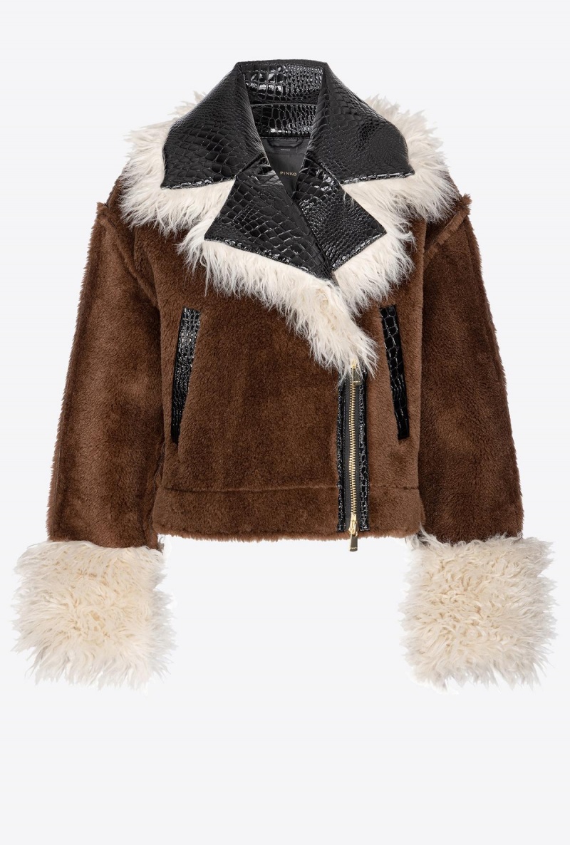 BROWN/BLACK/ECRU' Pinko Short sheepskin-effect pea coat with patch | QMYUV84424