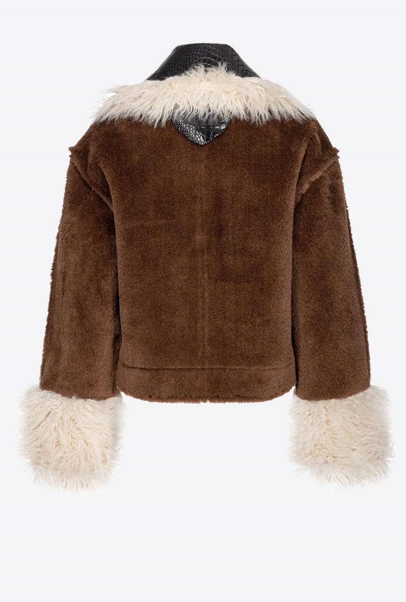 BROWN/BLACK/ECRU' Pinko Short sheepskin-effect pea coat with patch | QMYUV84424