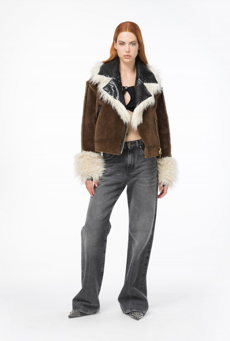 BROWN/BLACK/ECRU\' Pinko Short sheepskin-effect pea coat with patch | QMYUV84424