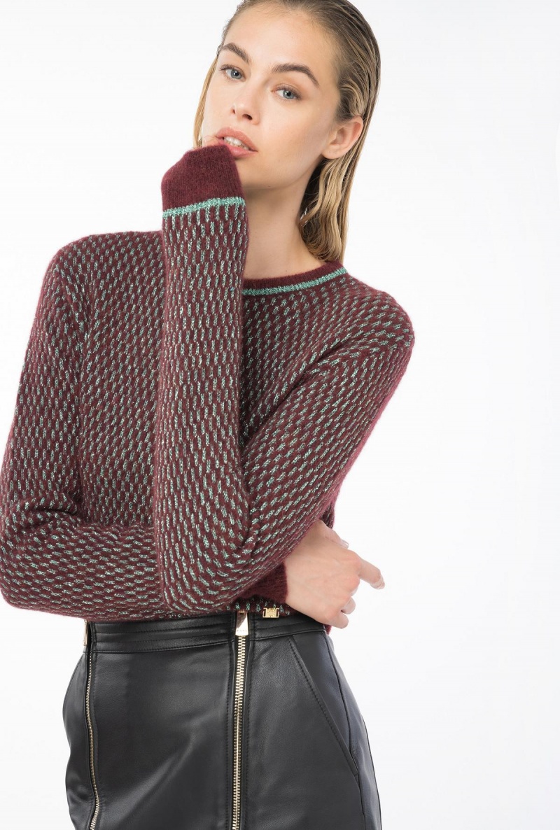 BURGUNDY/GREEN Pinko Lurex mesh jacquard pullover | GMYEC23193