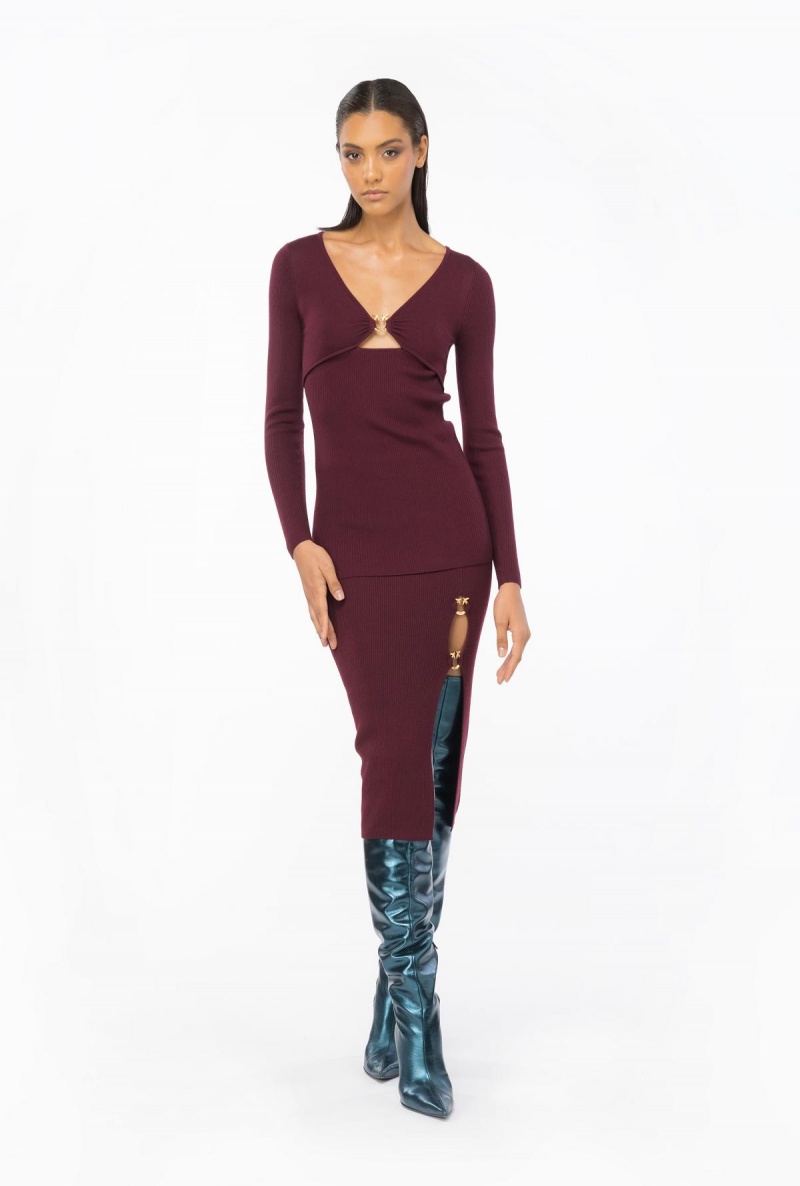 BURGUNDY-PORT ROYALE Pinko Calf-length wool skirt with Love Birds buckle | MYNEJ67342