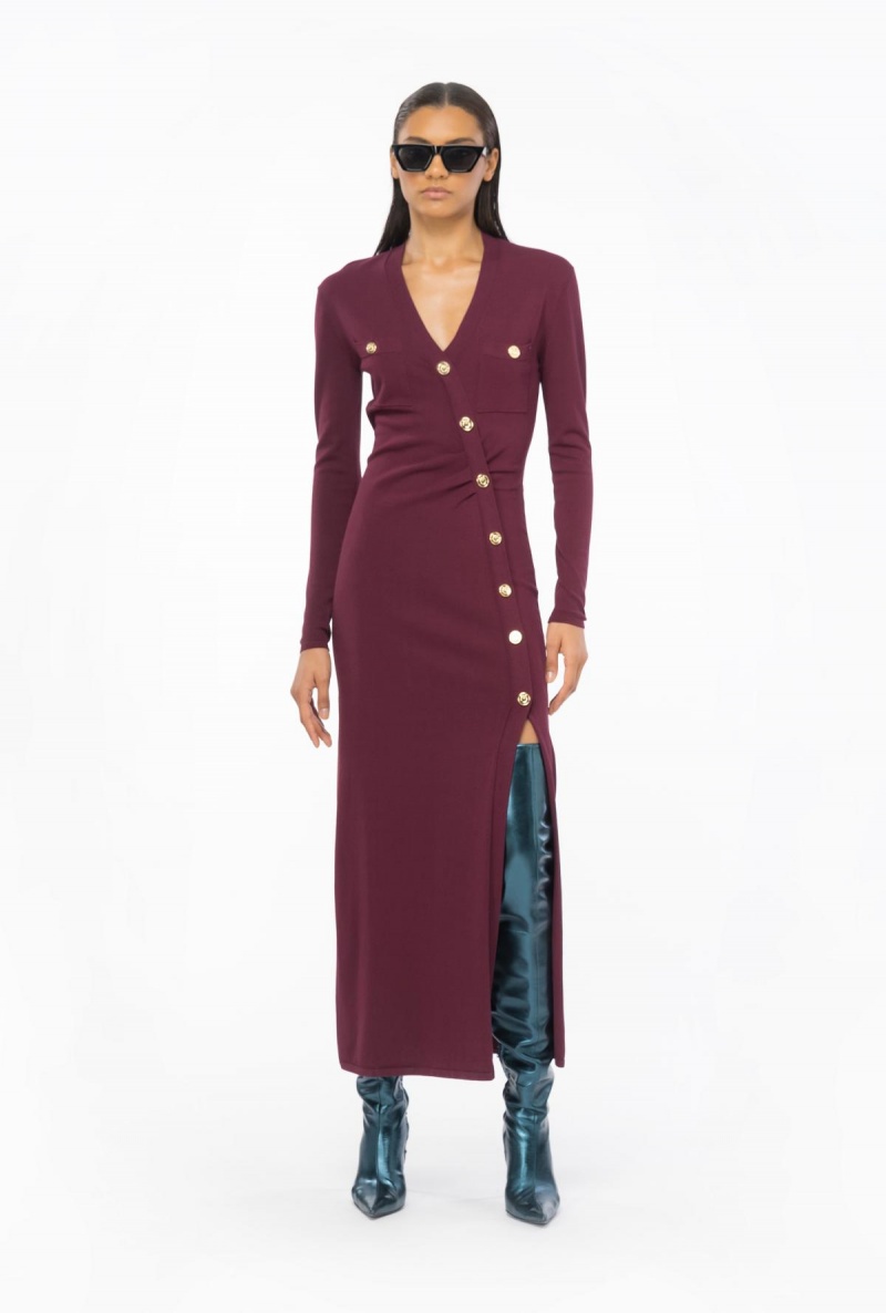 BURGUNDY-PORT ROYALE Pinko Long knit dress with golden buttons | MYXBR22962