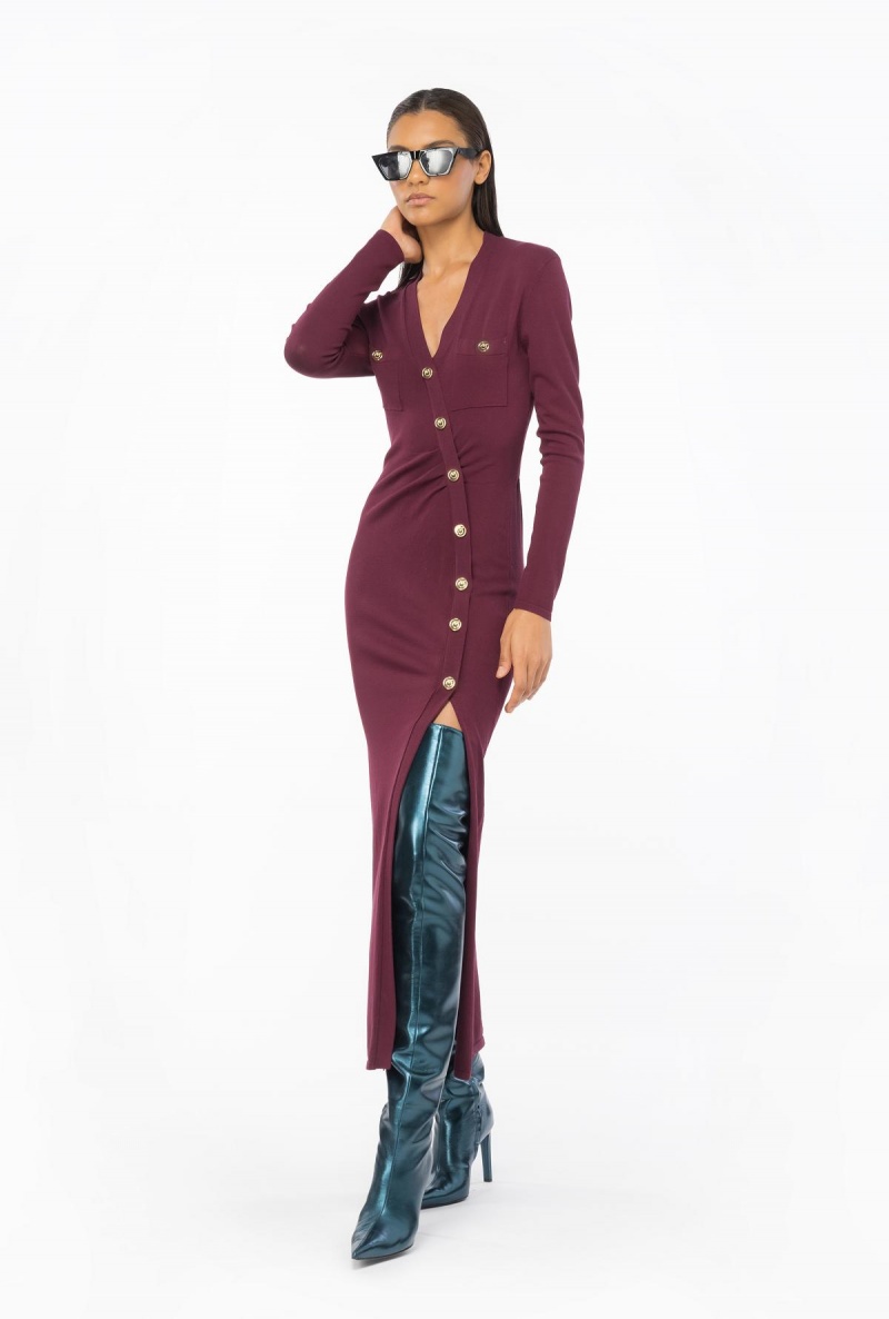 BURGUNDY-PORT ROYALE Pinko Long knit dress with golden buttons | MYXBR22962