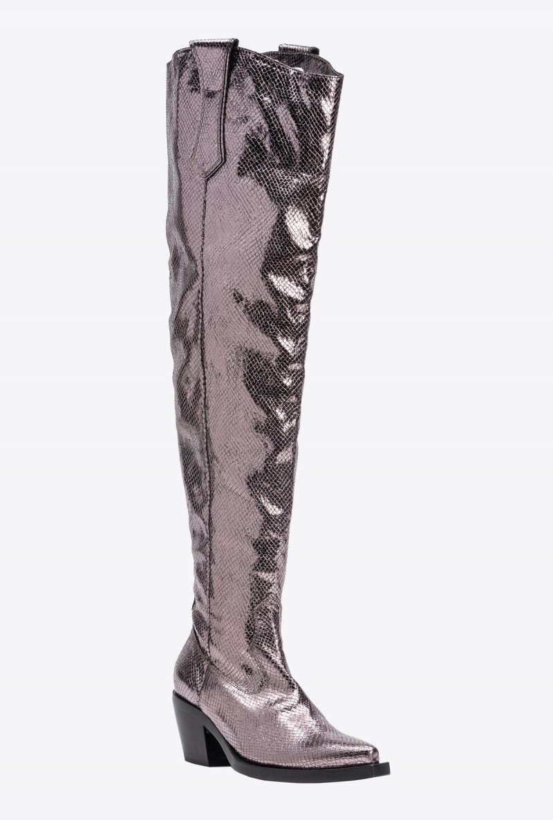 BURNISHED GREY Pinko Laminated thigh-high Texan boots | MYEGJ29200