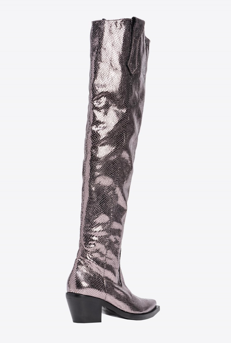 BURNISHED GREY Pinko Laminated thigh-high Texan boots | MYEGJ29200