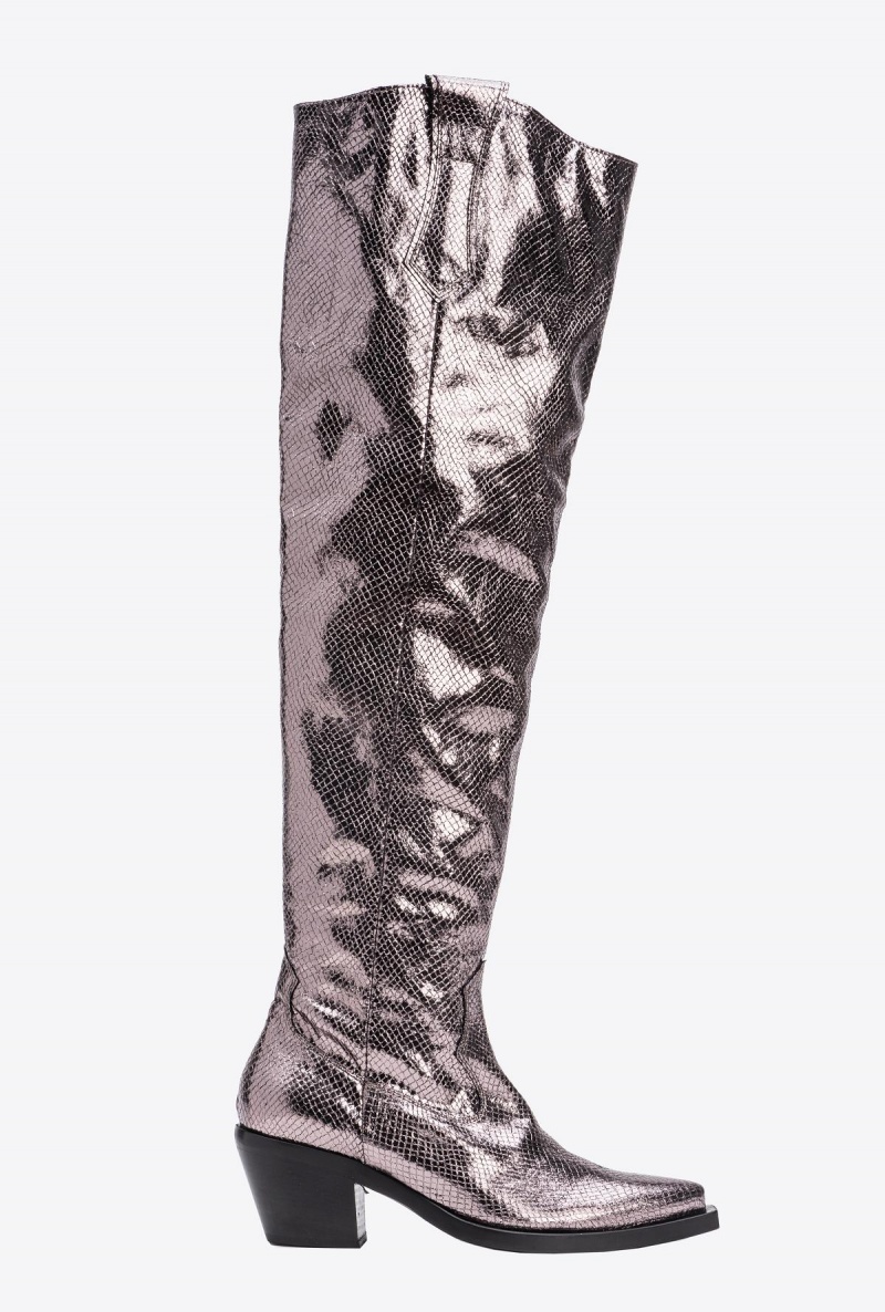 BURNISHED GREY Pinko Laminated thigh-high Texan boots | MYEGJ29200