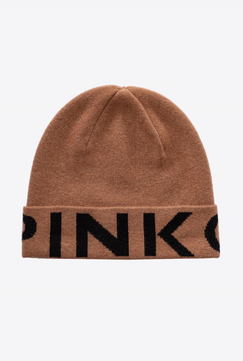 CAMEL/BLACK Pinko Beanie with large logo | AMYDF55175