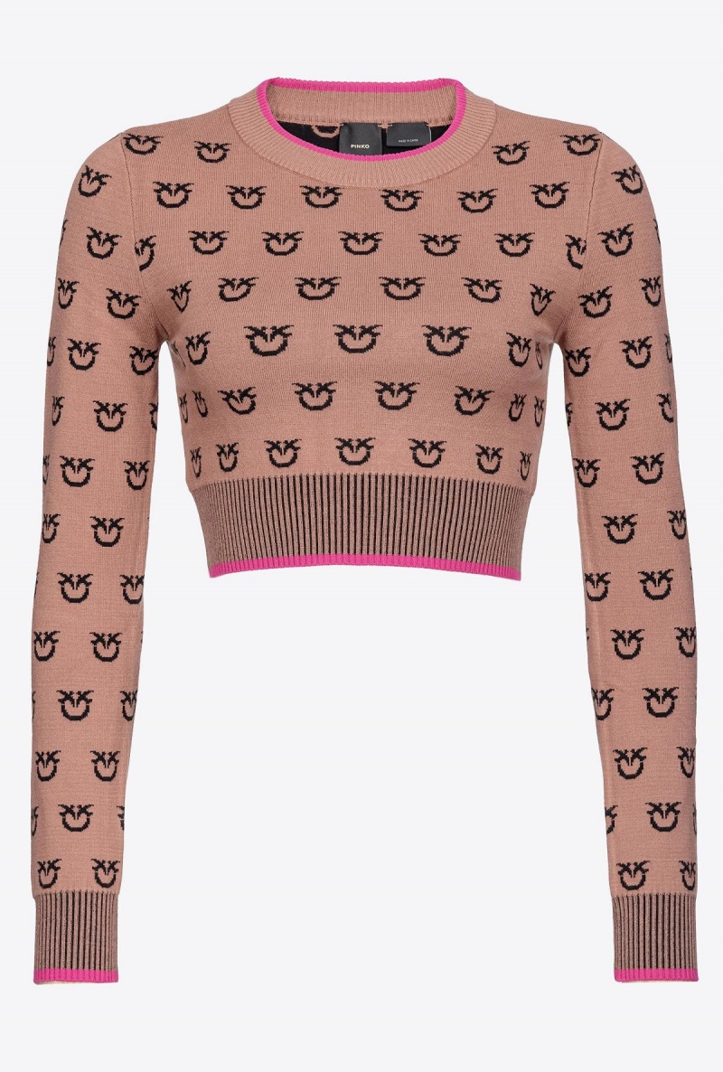 CAMEL/BLACK Pinko Cropped logo jacquard sweater | LMYSX25754
