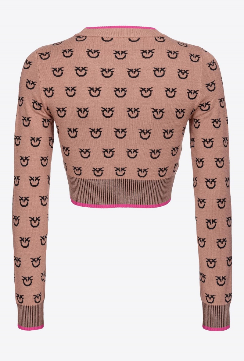 CAMEL/BLACK Pinko Cropped logo jacquard sweater | LMYSX25754