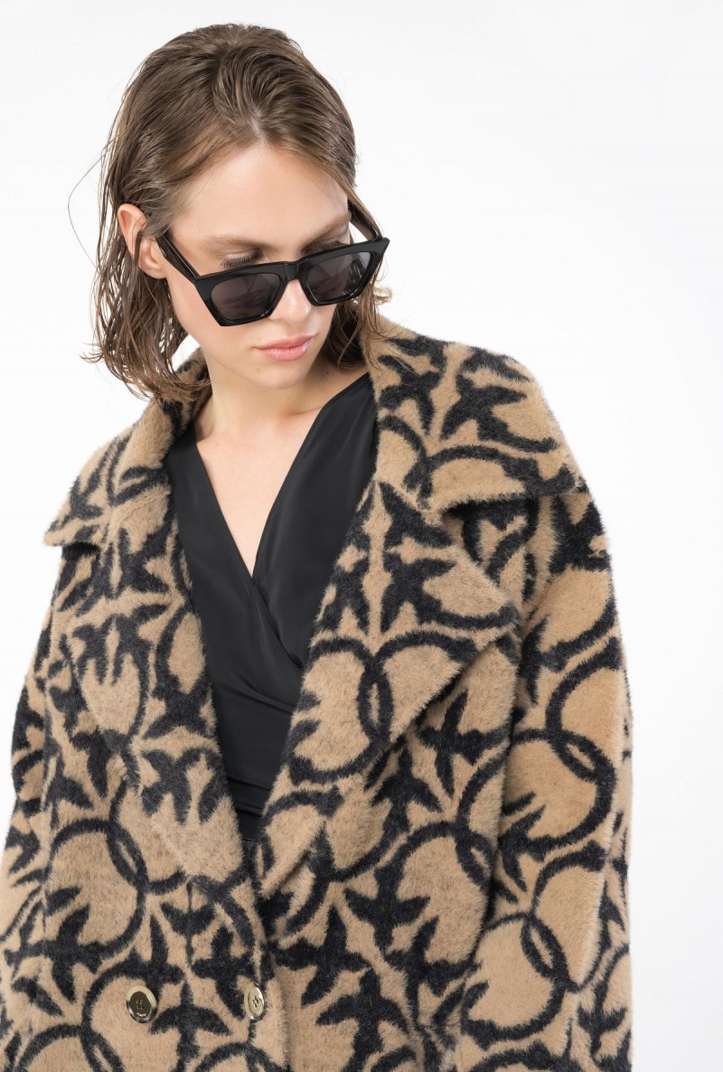 CAMEL/BLACK Pinko Faux fur Love Birds coat | TMYWZ27603