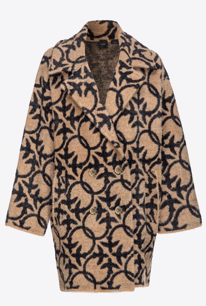 CAMEL/BLACK Pinko Faux fur Love Birds coat | TMYWZ27603