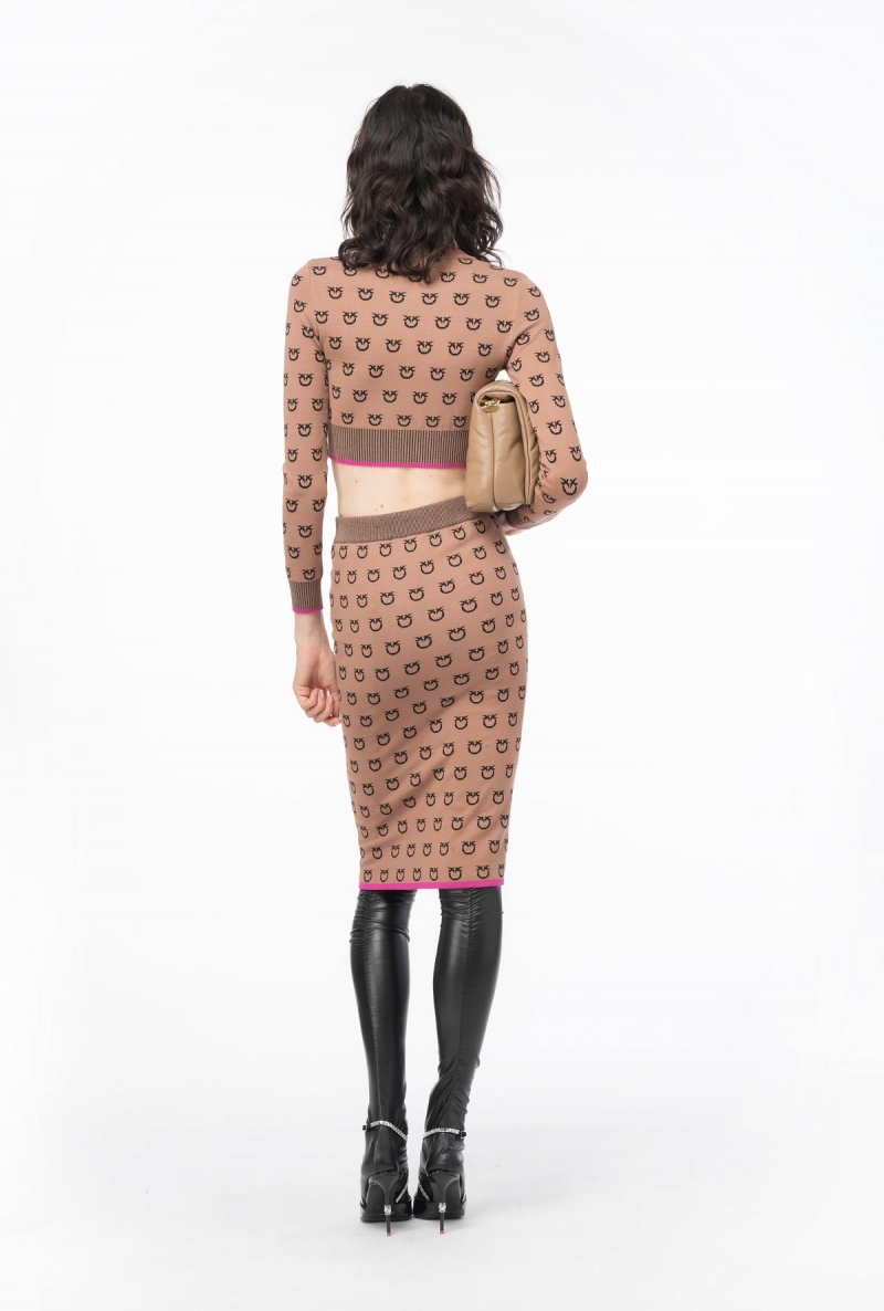 CAMEL/BLACK Pinko Logo jacquard calf-length skirt | MYXMI85689
