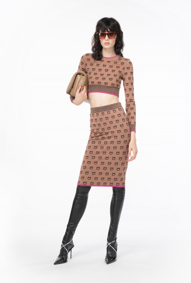 CAMEL/BLACK Pinko Logo jacquard calf-length skirt | MYXMI85689