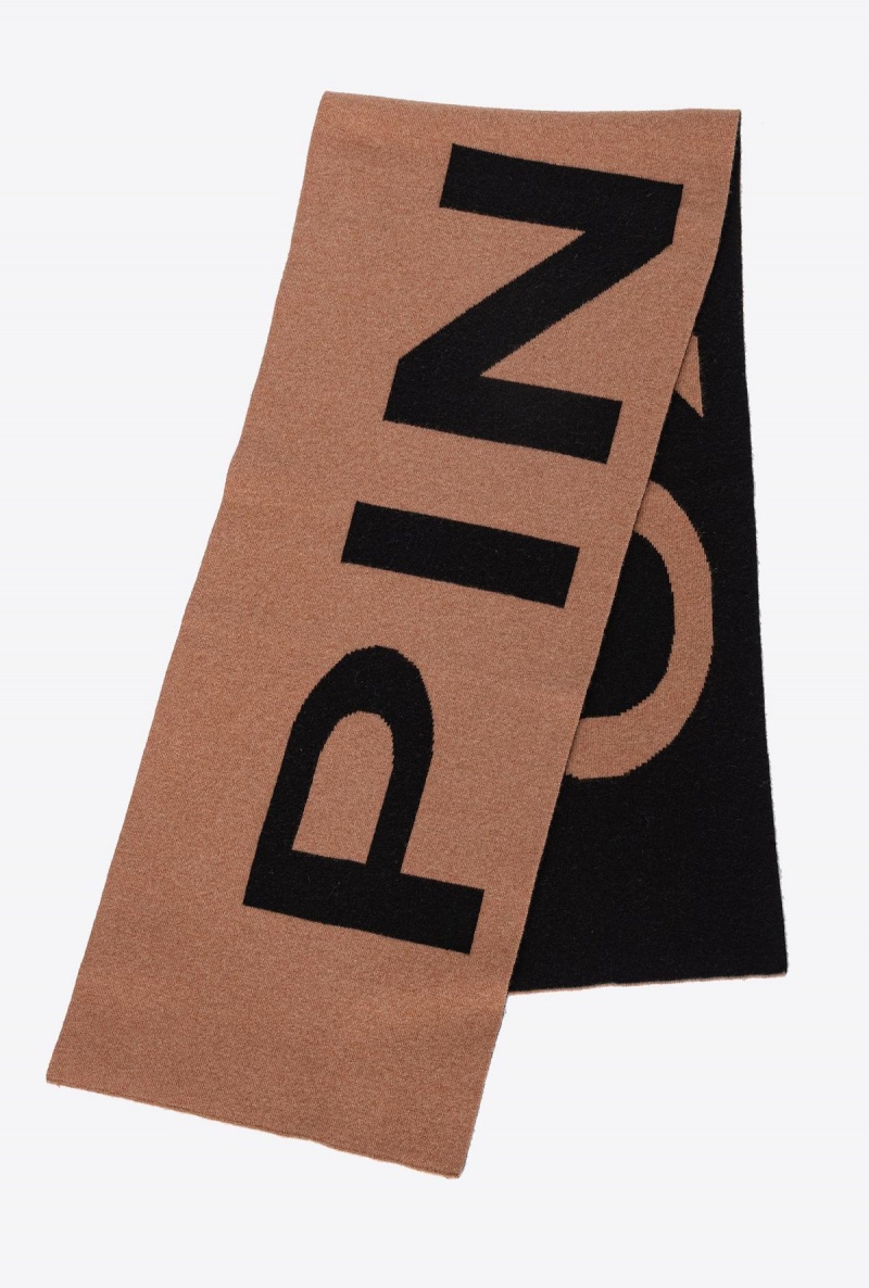 CAMEL/BLACK Pinko Wool and cashmere scarf with large logo | MYDYB24454