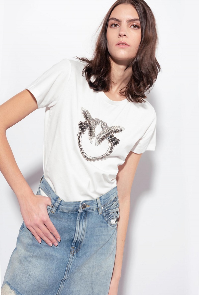 CLOUD WHITE Pinko T-shirt with Love Birds embroidery | MYJVR18699