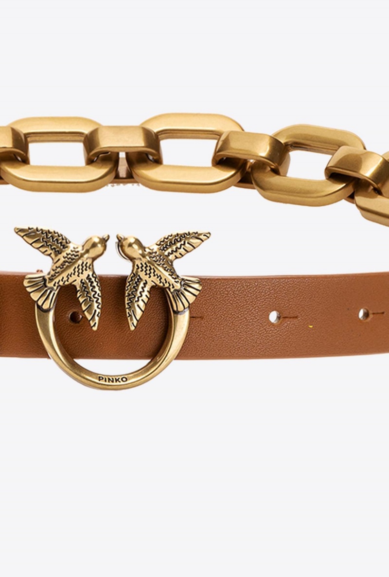 COGNAC-ANTIQUE GOLD Pinko Love Birds belt with large chain | BMYSO11396