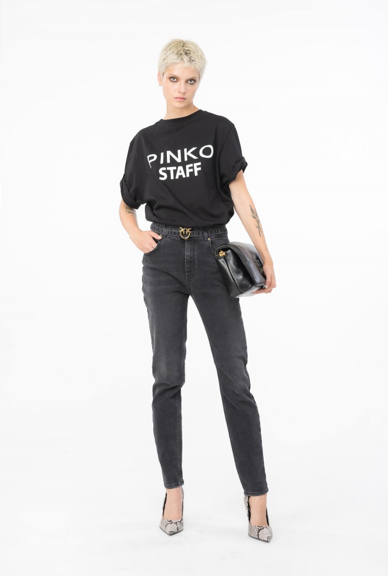 DARK BLACK DIRTY WASH Pinko Black stretch denim skinny jeans with belt | PMYER30077