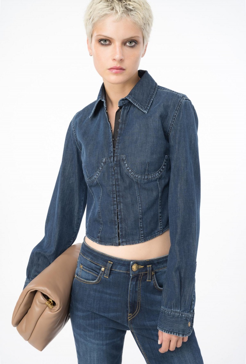 DARK VINTAGE WASH Pinko Cropped light denim bustier shirt | GMYUC29821