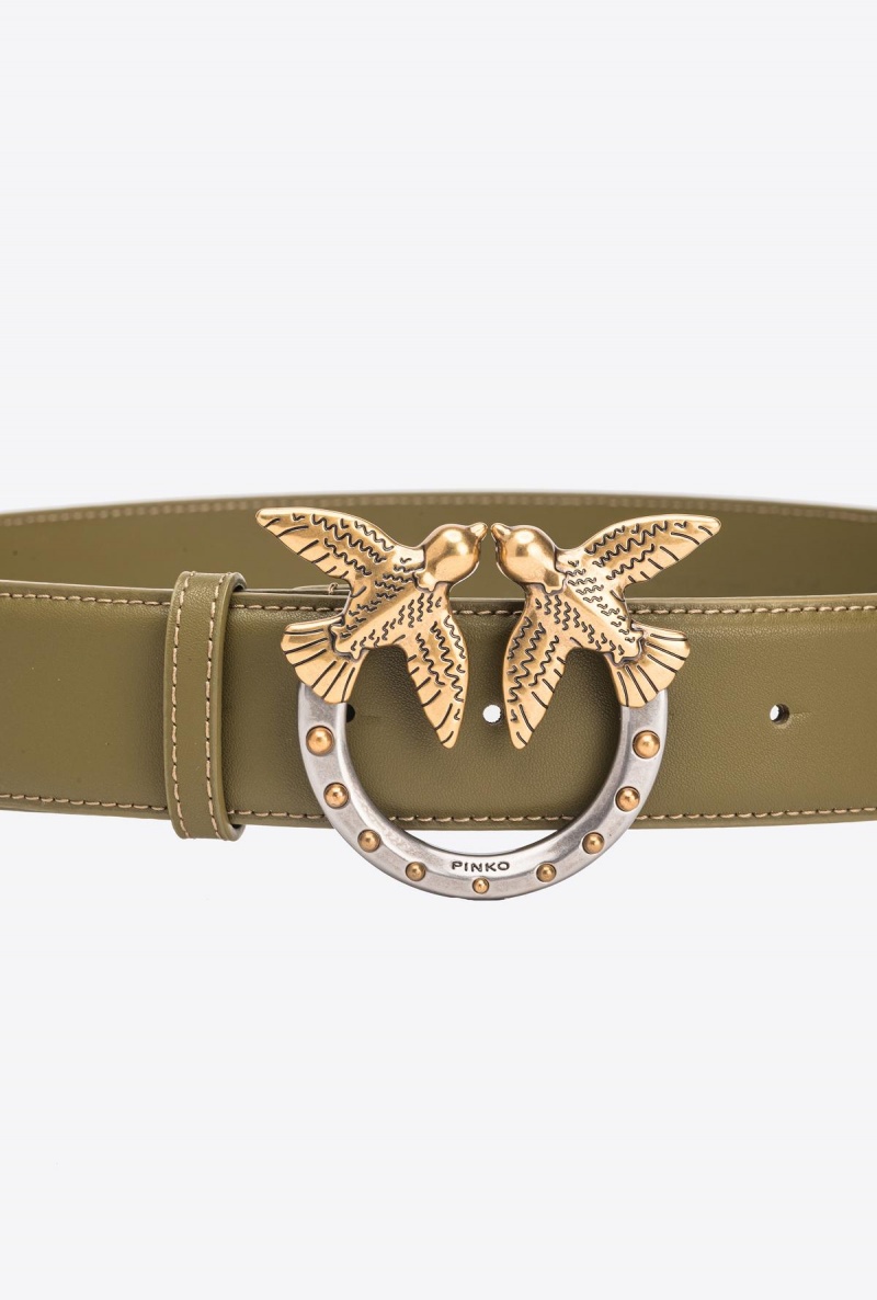 FIR GREEN-ANTIQUE GOLD Pinko High-waist Love Birds belt with studs 4cm | UMYTG59378