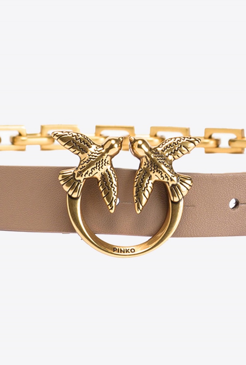 GINGER BISCUIT-ANTIQUE GOLD Pinko Thin Love Birds belt with chain 2cm | MYXBR18265