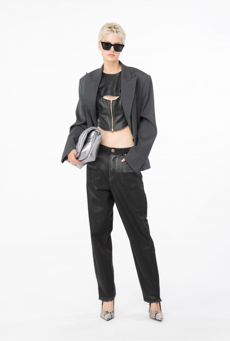 GREY/BLACK Pinko Leather-look mom jeans with sash | MYCVG64650