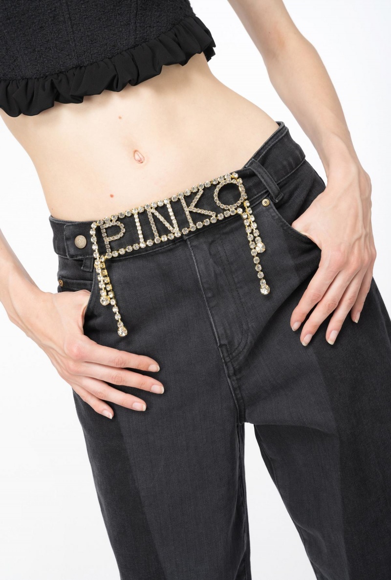 GREY/BLACK Pinko Mom-fit black denim jeans with rhinestone logo | XMYGW84182