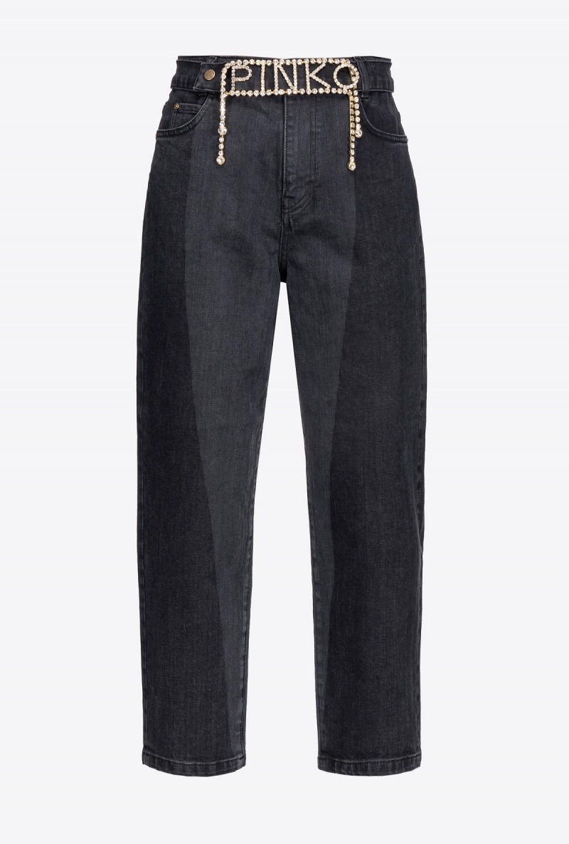 GREY/BLACK Pinko Mom-fit black denim jeans with rhinestone logo | XMYGW84182