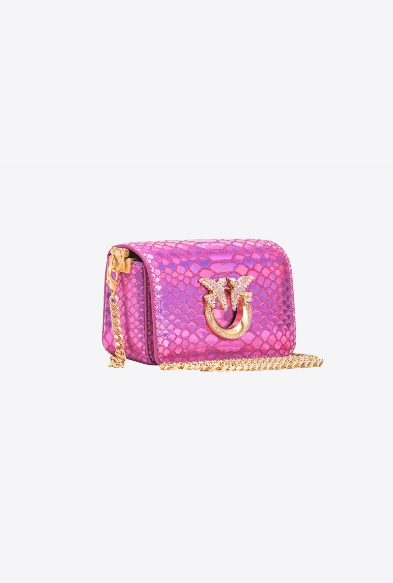 LAMINATED PINK-BRUSHED GOLD Pinko Galleria Micro Love Bag Click in holographic reptile skin | QMYWA99101