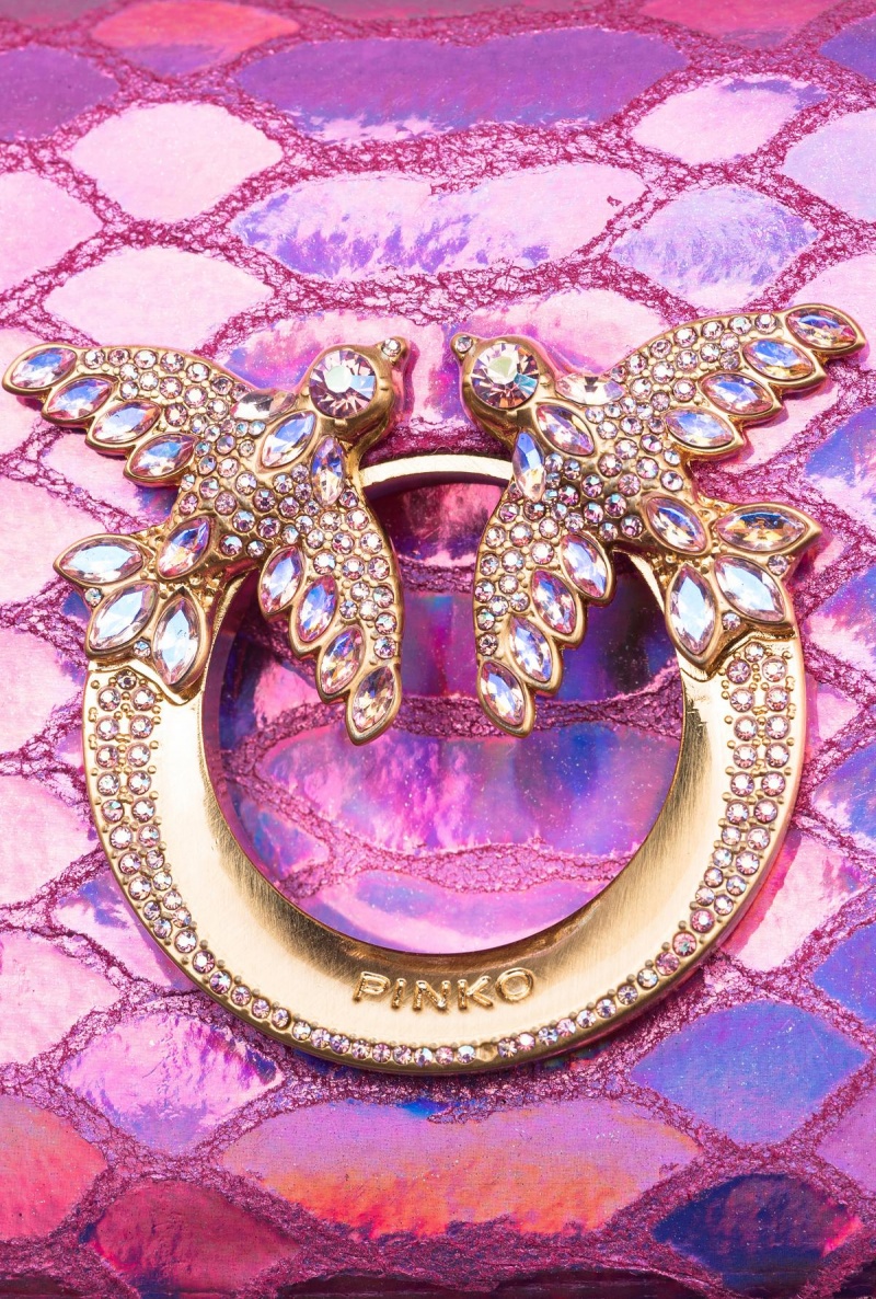 LAMINATED PINK-BRUSHED GOLD Pinko Galleria Micro Love Bag Click in holographic reptile skin | QMYWA99101