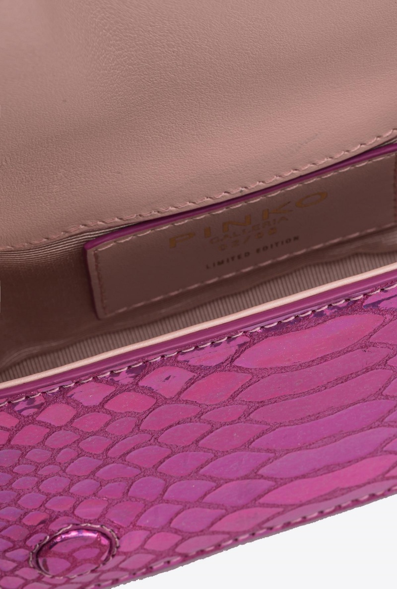 LAMINATED PINK-BRUSHED GOLD Pinko Galleria Micro Love Bag Click in holographic reptile skin | QMYWA99101