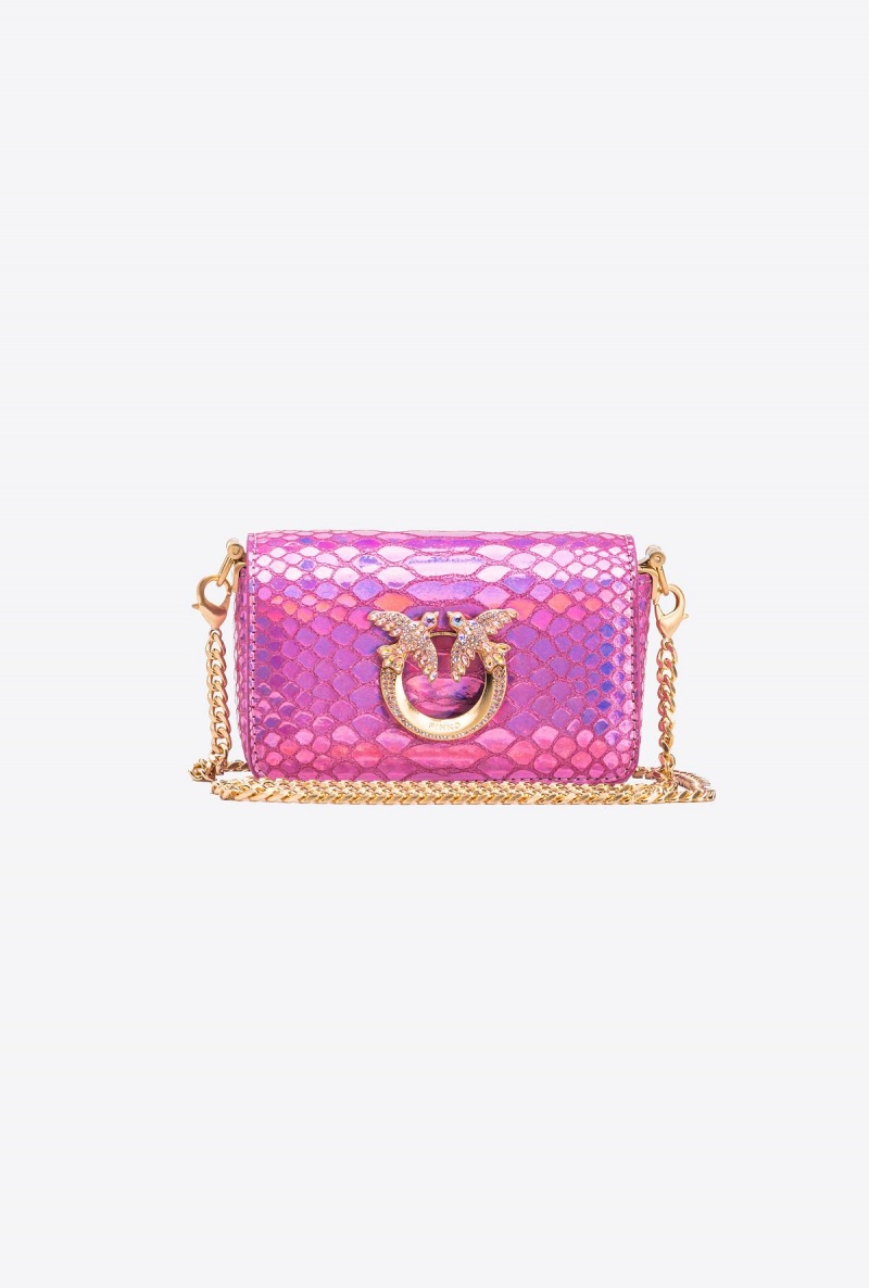 LAMINATED PINK-BRUSHED GOLD Pinko Galleria Micro Love Bag Click in holographic reptile skin | QMYWA99101