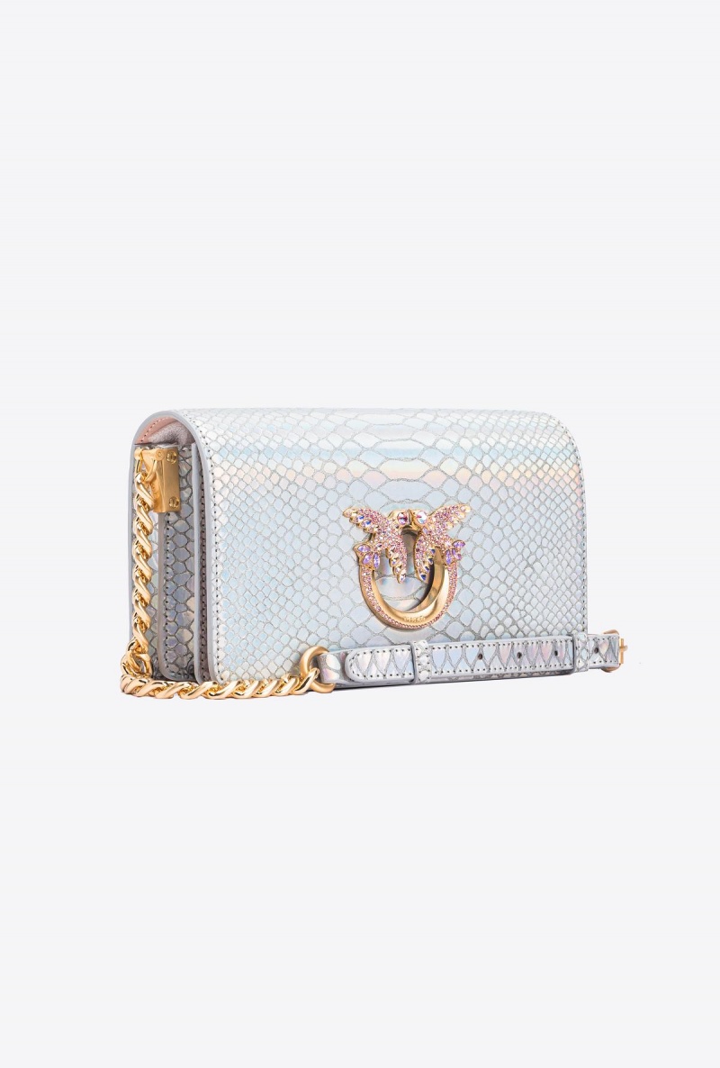 LAMINATED SILVER-BRUSHED GOLD Pinko Galleria mini Love Bag Click in holographic silver reptile skin | MYXMI74781