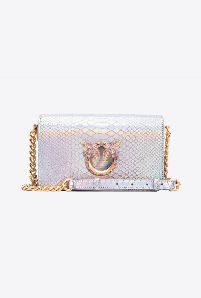 LAMINATED SILVER-BRUSHED GOLD Pinko Galleria mini Love Bag Click in holographic silver reptile skin | MYXMI74781
