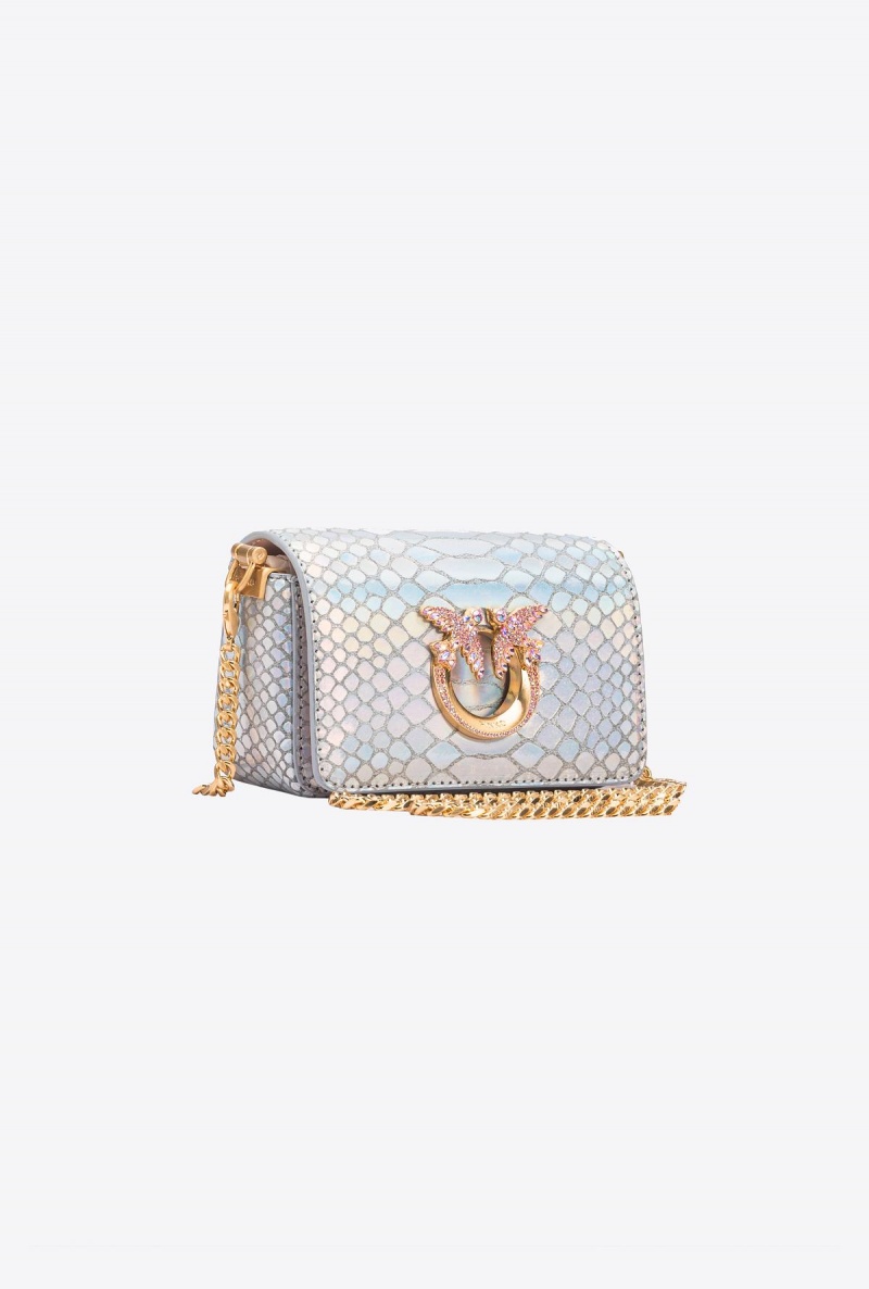 LAMINATED SILVER-BRUSHED GOLD Pinko Galleria micro Love Bag Click in holographic silver reptile skin | MYIIZ21983
