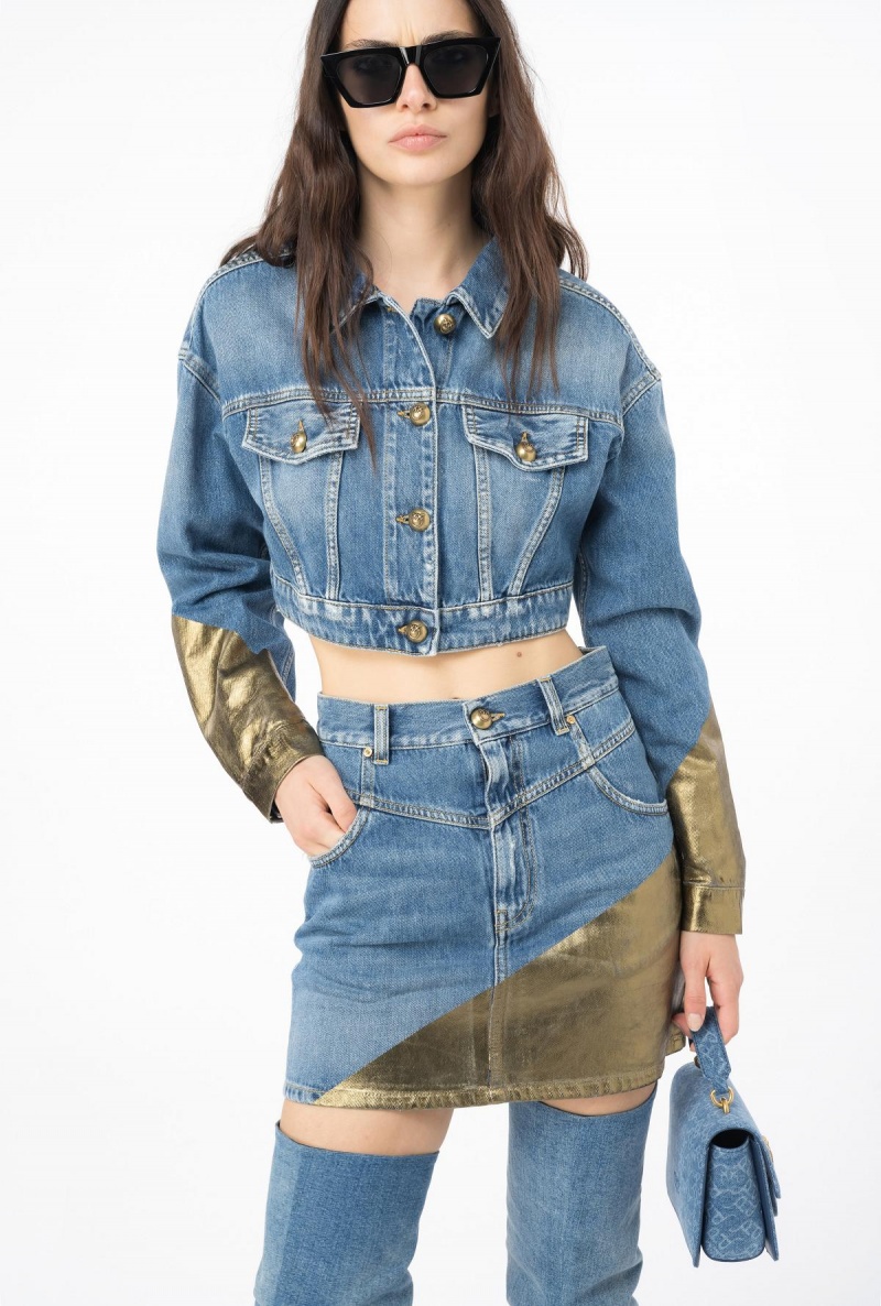 LIGHT BLUE/GOLD Pinko Golden denim mini skirt | XMYGW75596